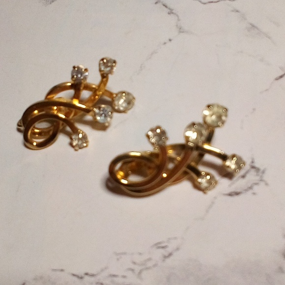 Vtg EMMONS Signed Rhinestone Clip Earrings Gold - Picture 4 of 13